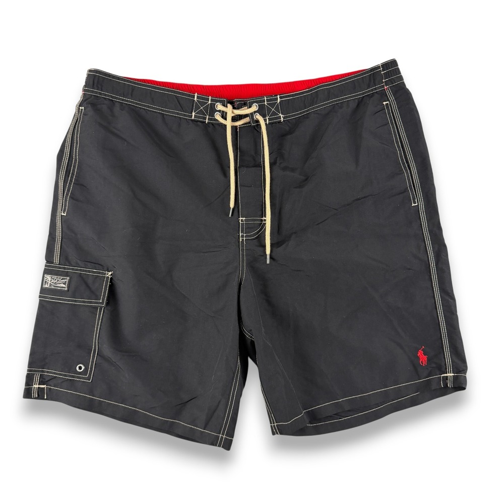 Polo Ralph Lauren Swim Trunks Mens XXL Black Board Shorts Red Pony Mesh Line